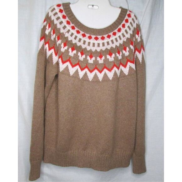 Old Navy Knit Sweater Pullover Aztec Tribal Geometric Dark Beige White Red - Picture 1 of 5